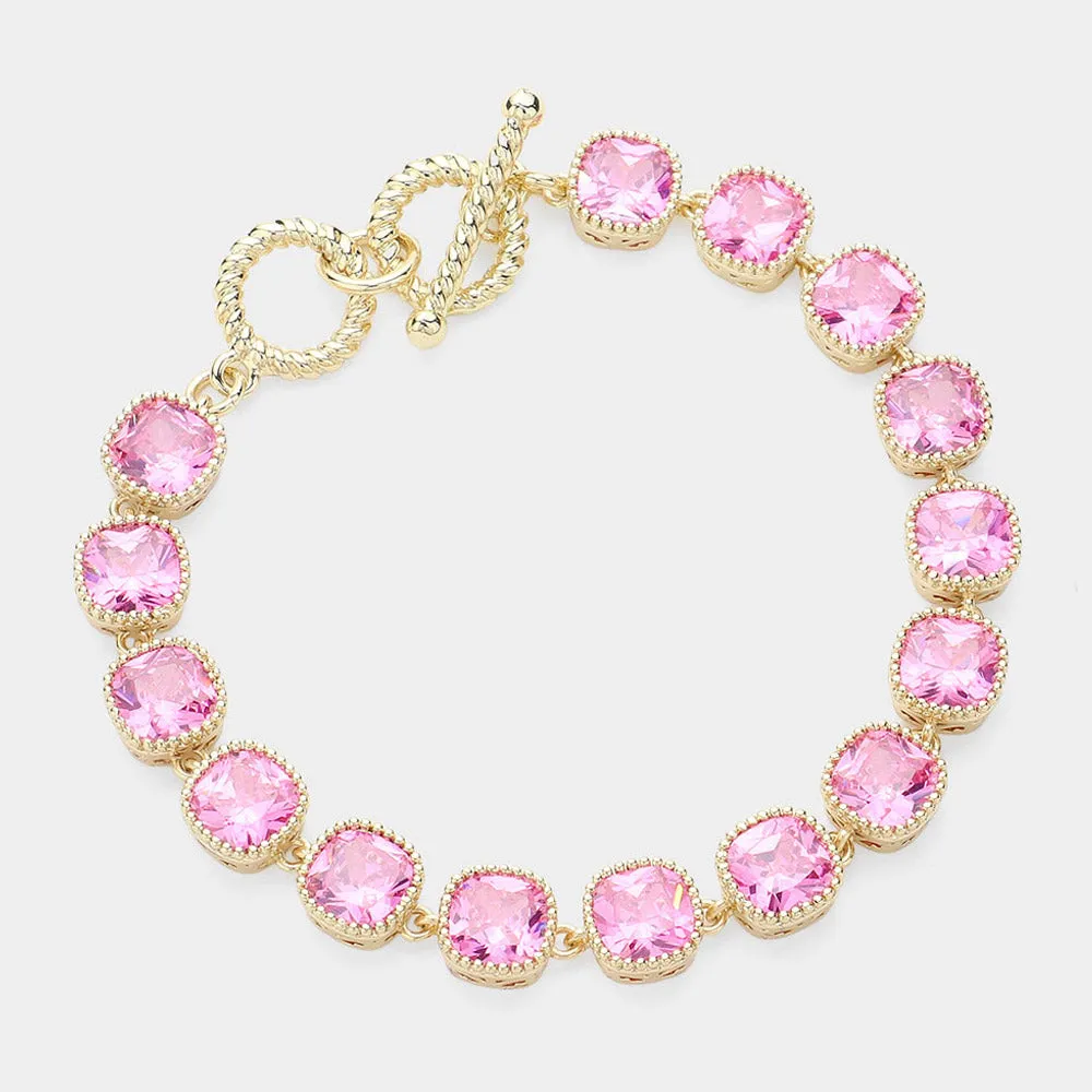 14K Gold Plated Pink Square CZ Stone Link Evening Toggle Bracelet