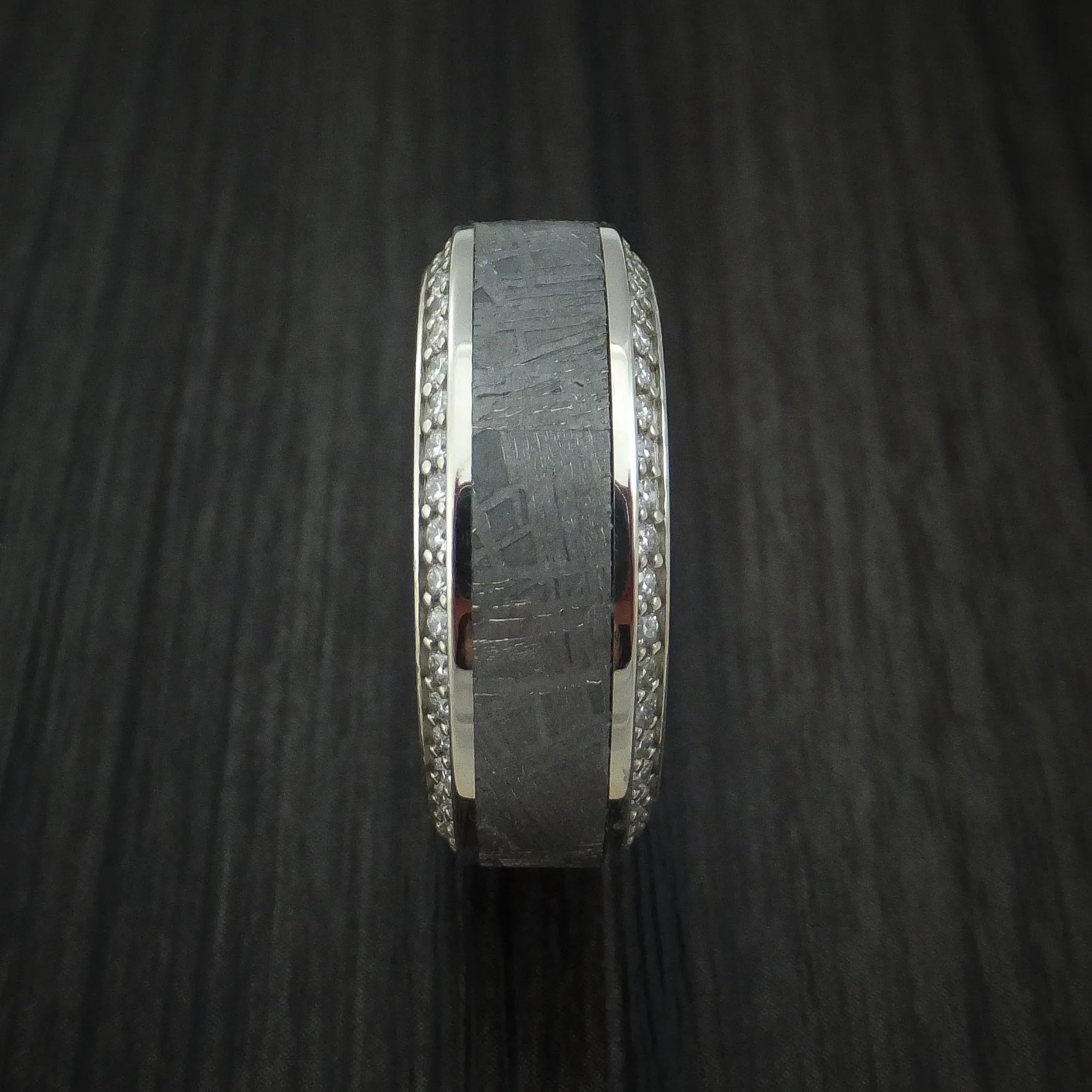 14K White Gold Men's Ring with Meteorite Inlay and Eternity Set Diamonds Custom Made Band