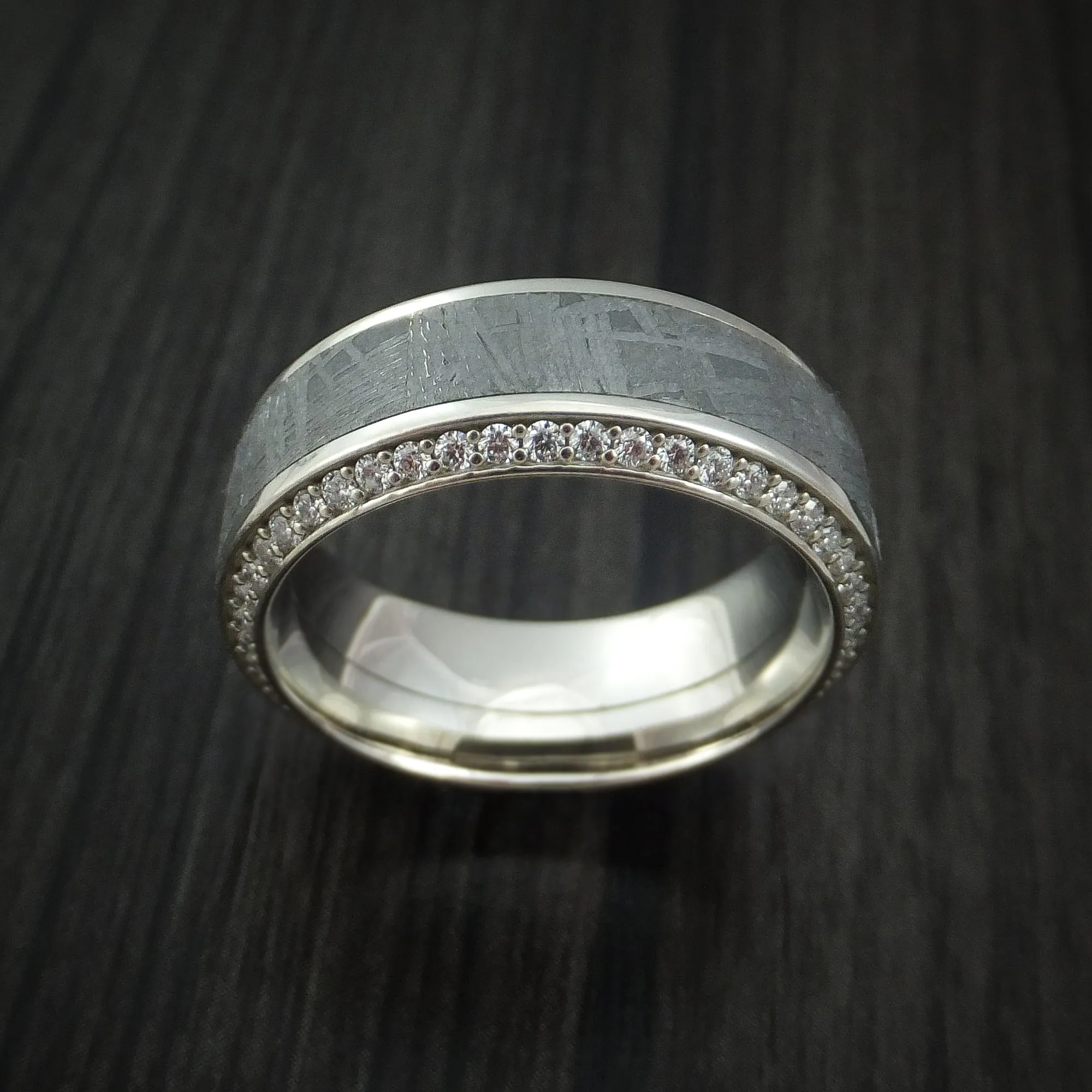 14K White Gold Men's Ring with Meteorite Inlay and Eternity Set Diamonds Custom Made Band