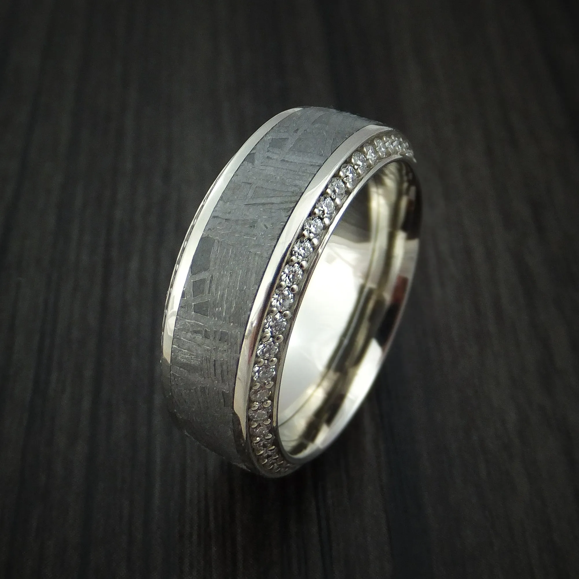 14K White Gold Men's Ring with Meteorite Inlay and Eternity Set Diamonds Custom Made Band