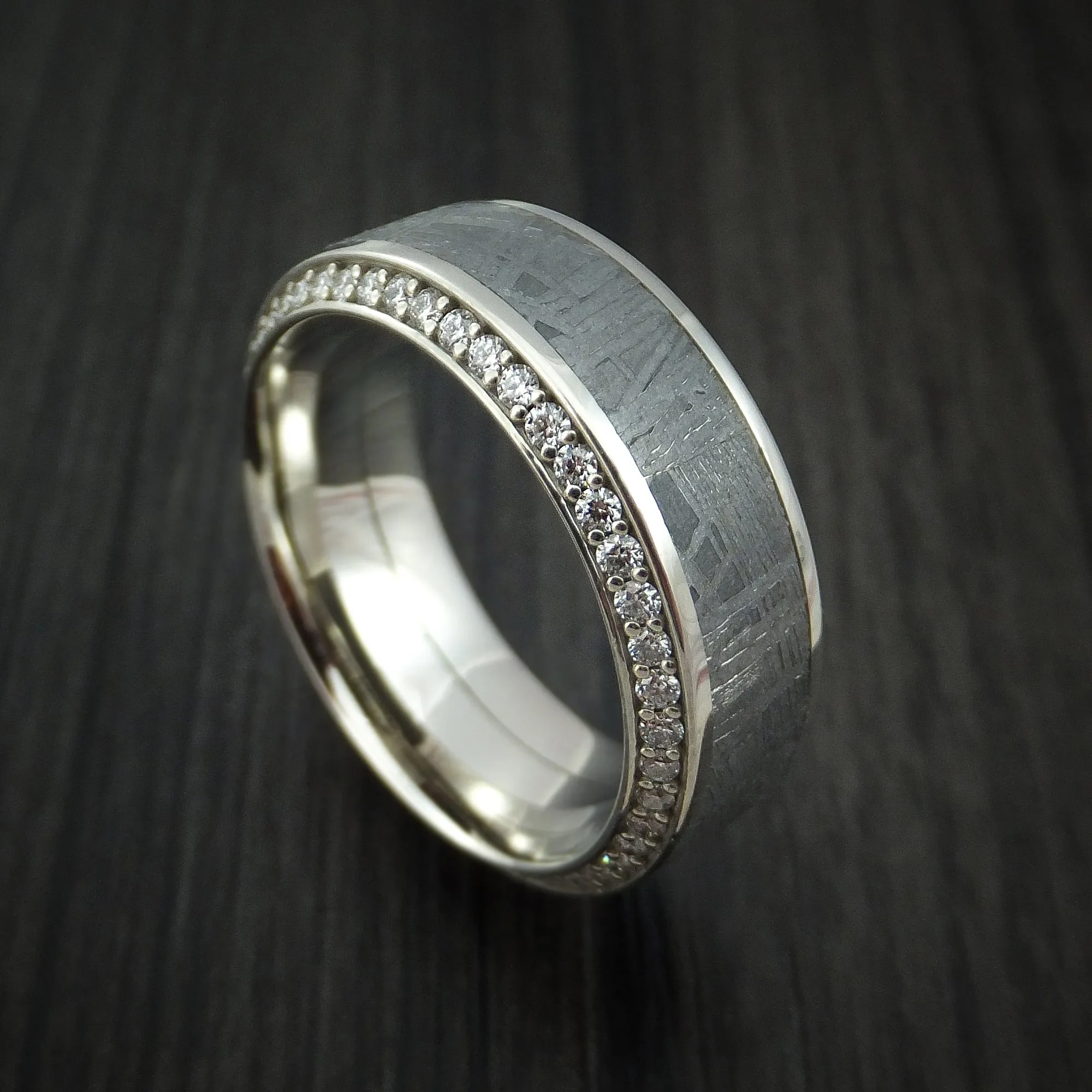 14K White Gold Men's Ring with Meteorite Inlay and Eternity Set Diamonds Custom Made Band