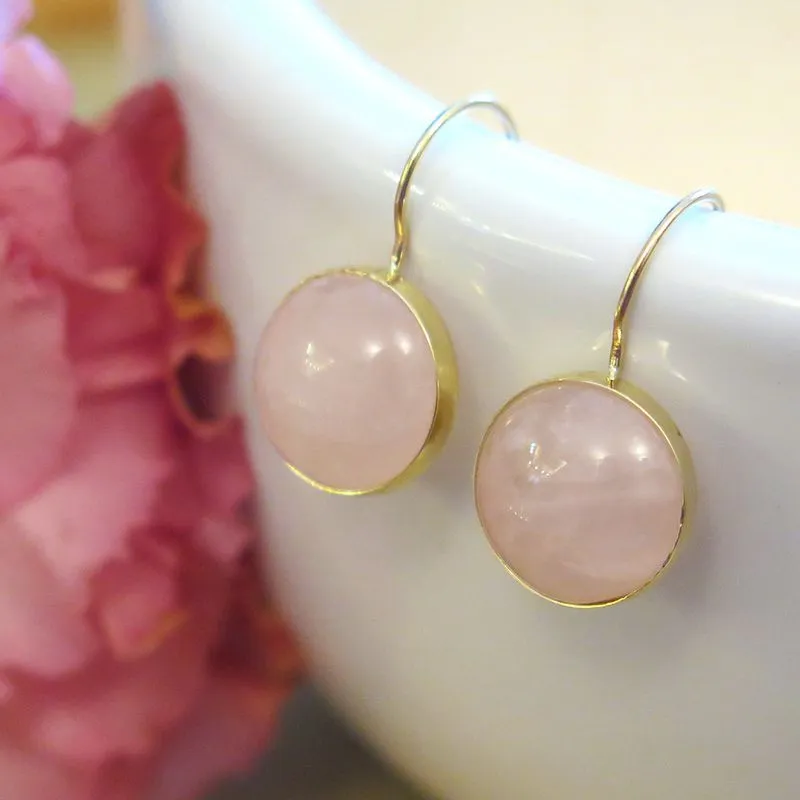 14K Yellow Gold Round Pink Rose Quartz 12mm Dangle Earrings