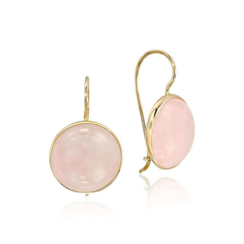 14K Yellow Gold Round Pink Rose Quartz 12mm Dangle Earrings