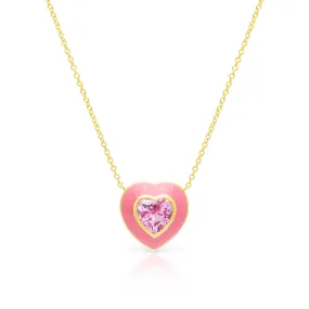 14KT Yellow Gold Pink Topaz Pink Enamel Heart Necklace