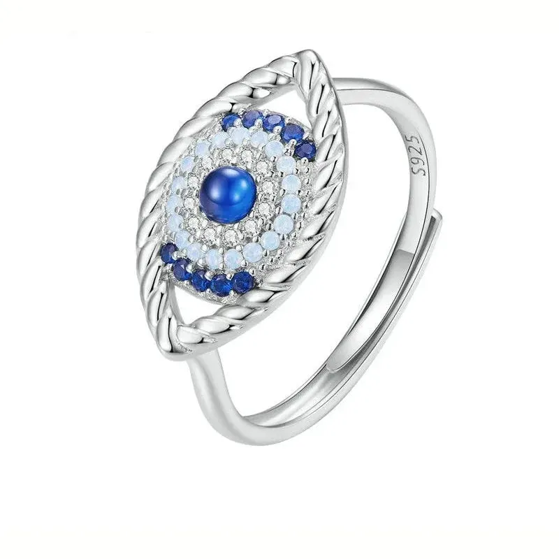 925 Sterling Silver Blue Color Devils Eye Opening Adjustable Ring for Women