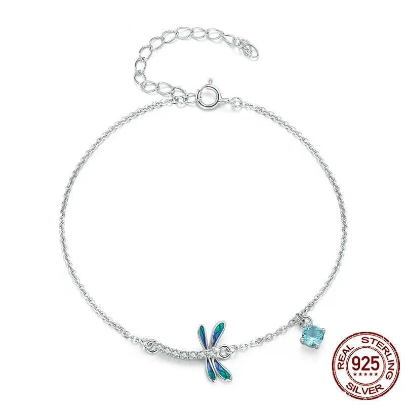 925 Sterling Silver Blue Dragonfly Zircon Link Chain Bracelet for Women