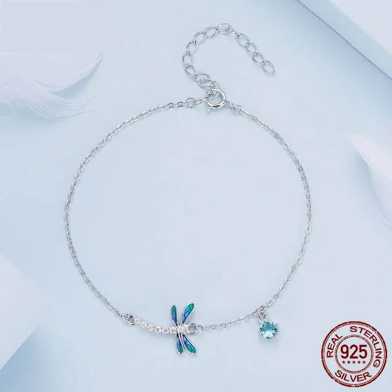 925 Sterling Silver Blue Dragonfly Zircon Link Chain Bracelet for Women