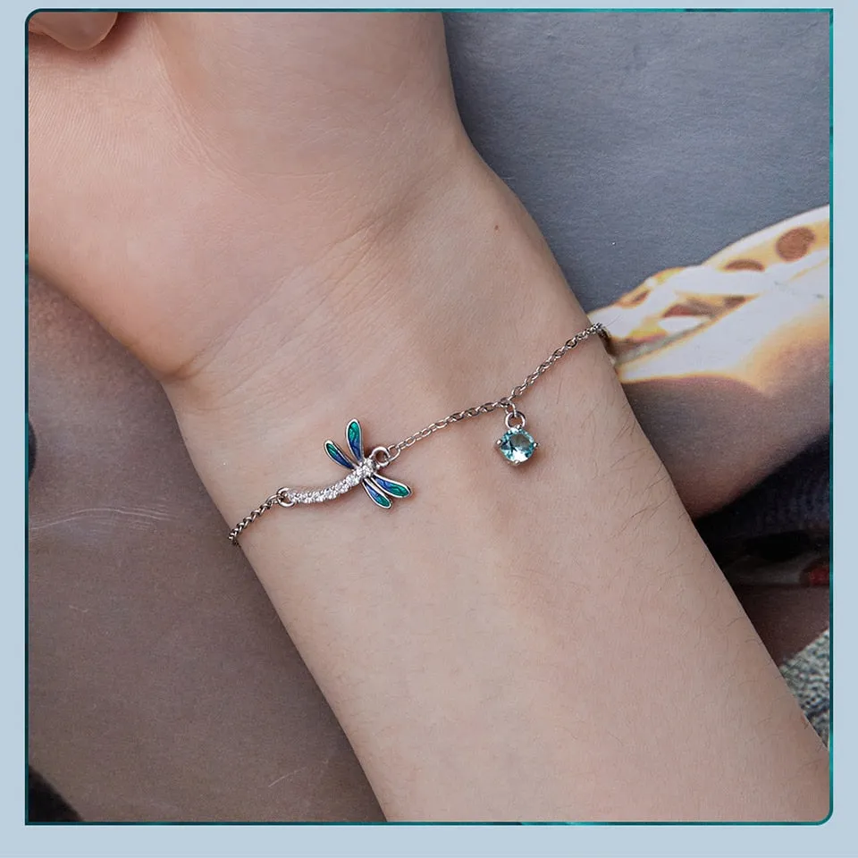 925 Sterling Silver Blue Dragonfly Zircon Link Chain Bracelet for Women