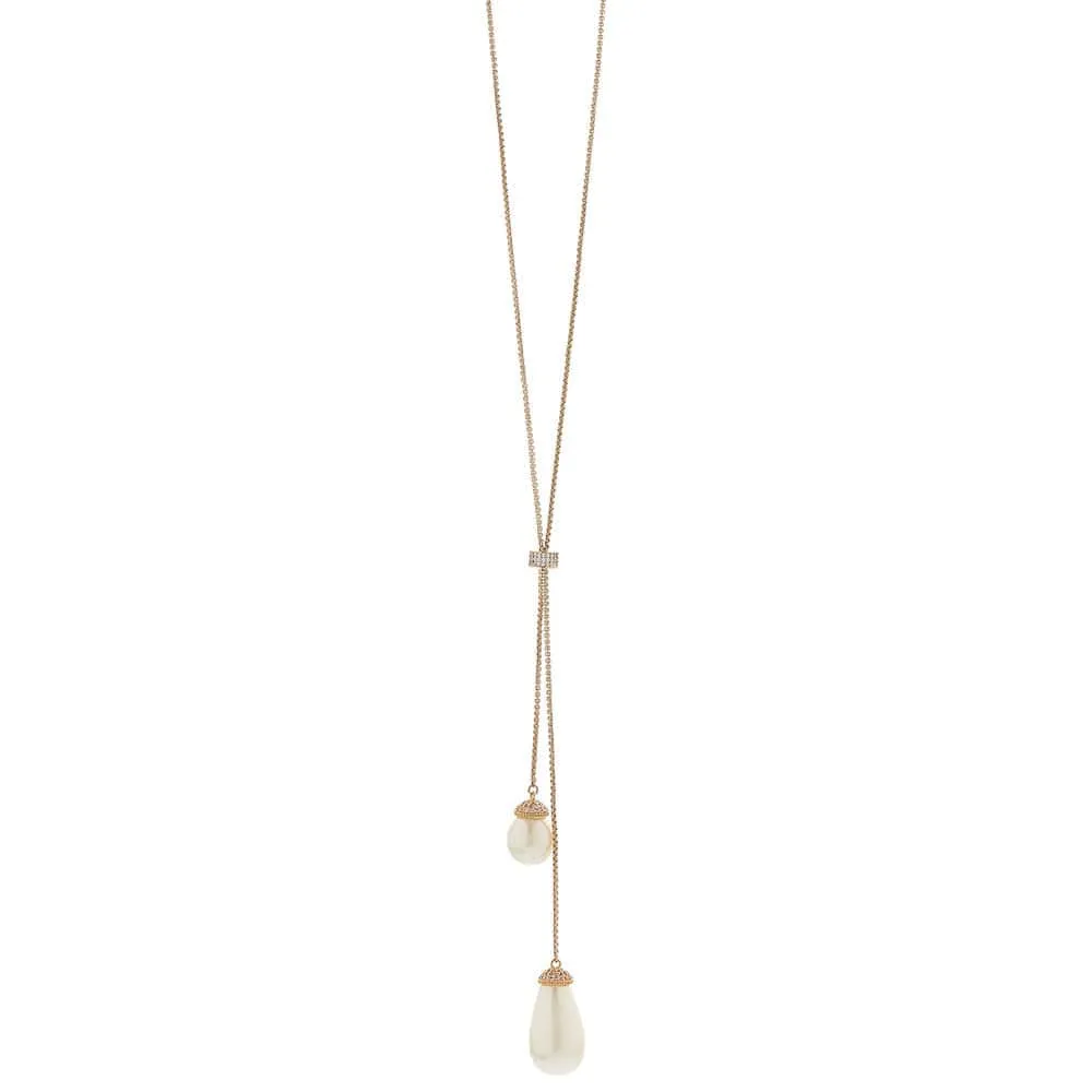 Adjustable Long Length Lariat Necklace With Pearl Drops