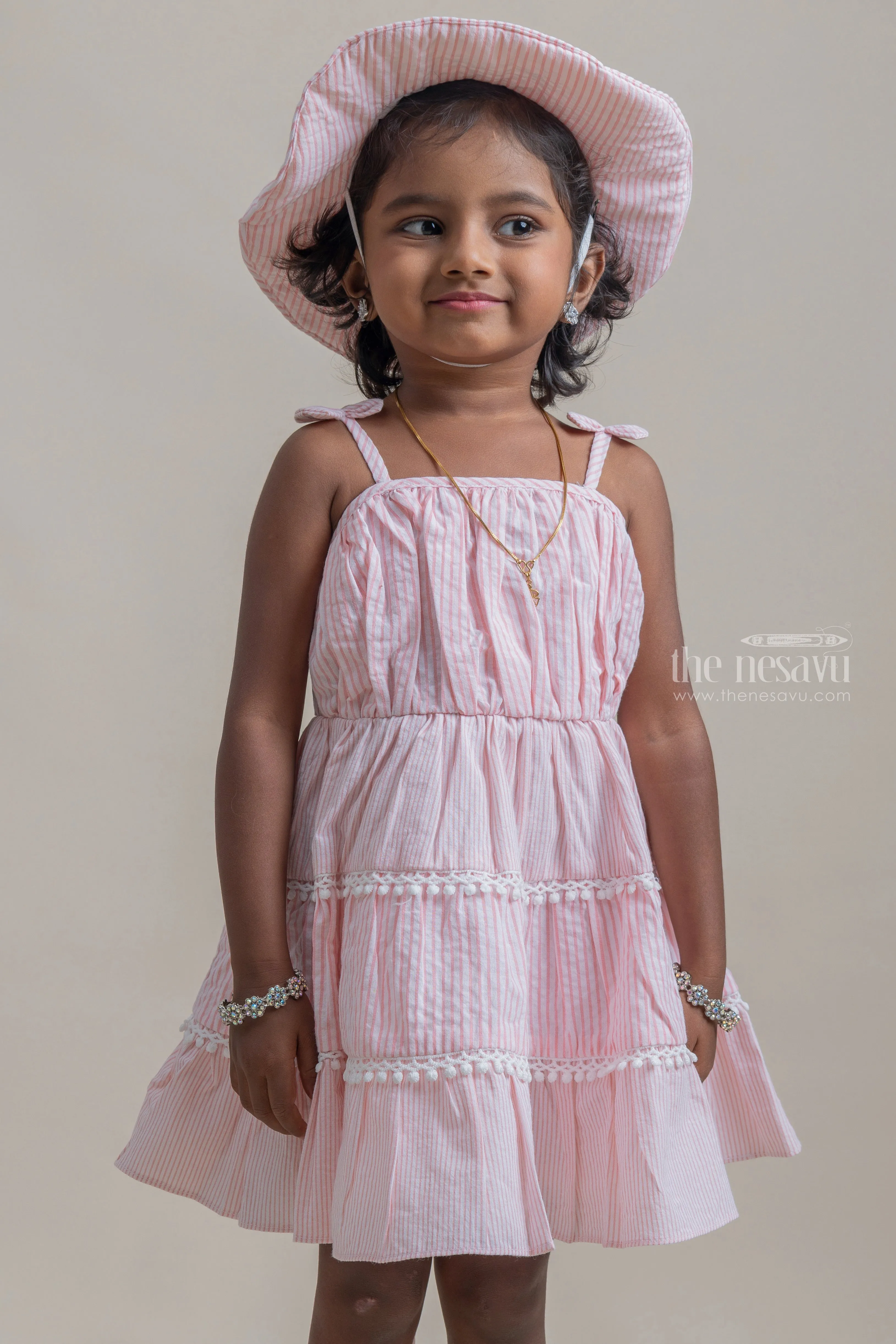 Adorable Pink Striped Sleeveless Girls Cotton Frock With Pretty Matching Cap