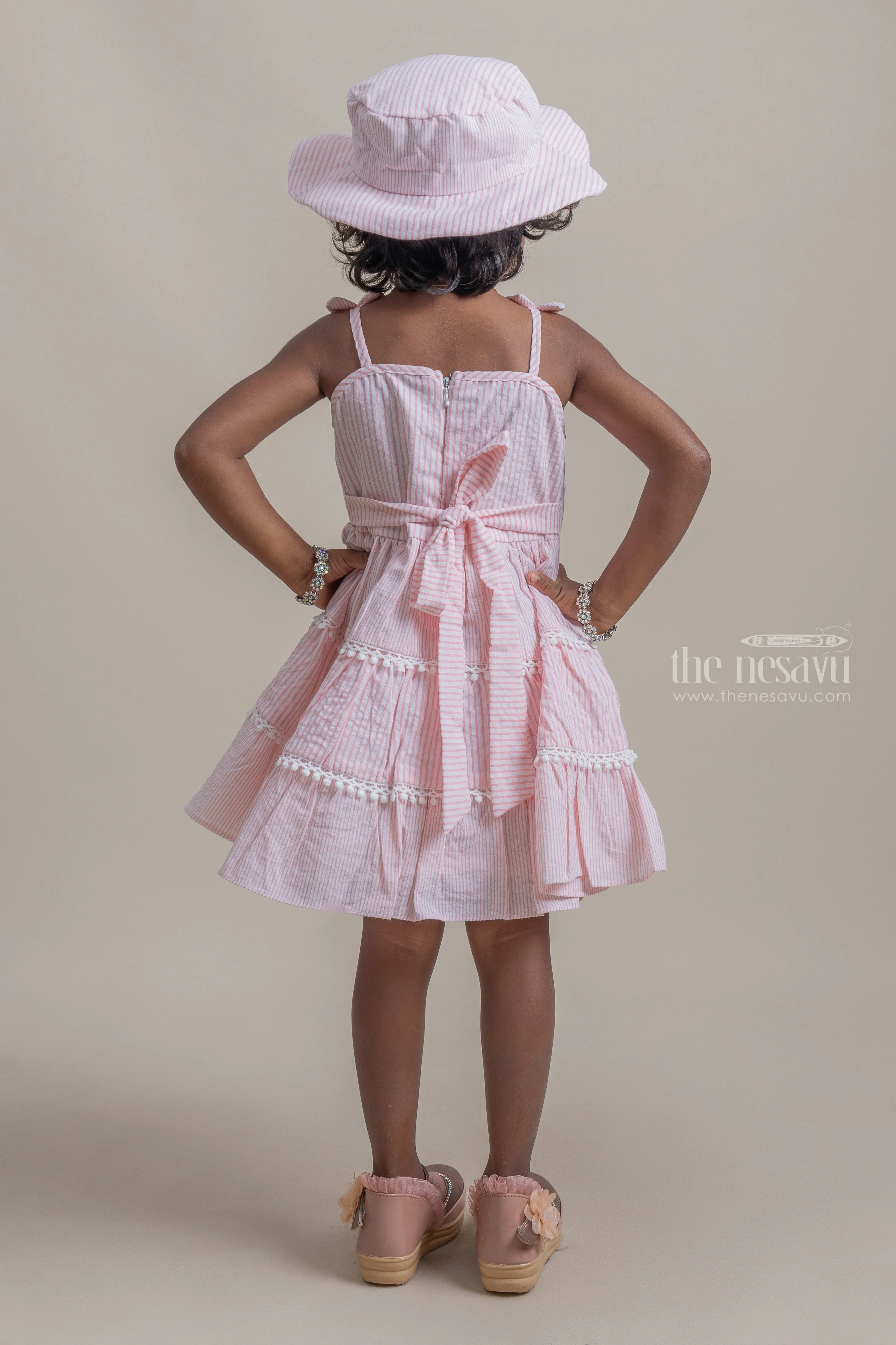 Adorable Pink Striped Sleeveless Girls Cotton Frock With Pretty Matching Cap