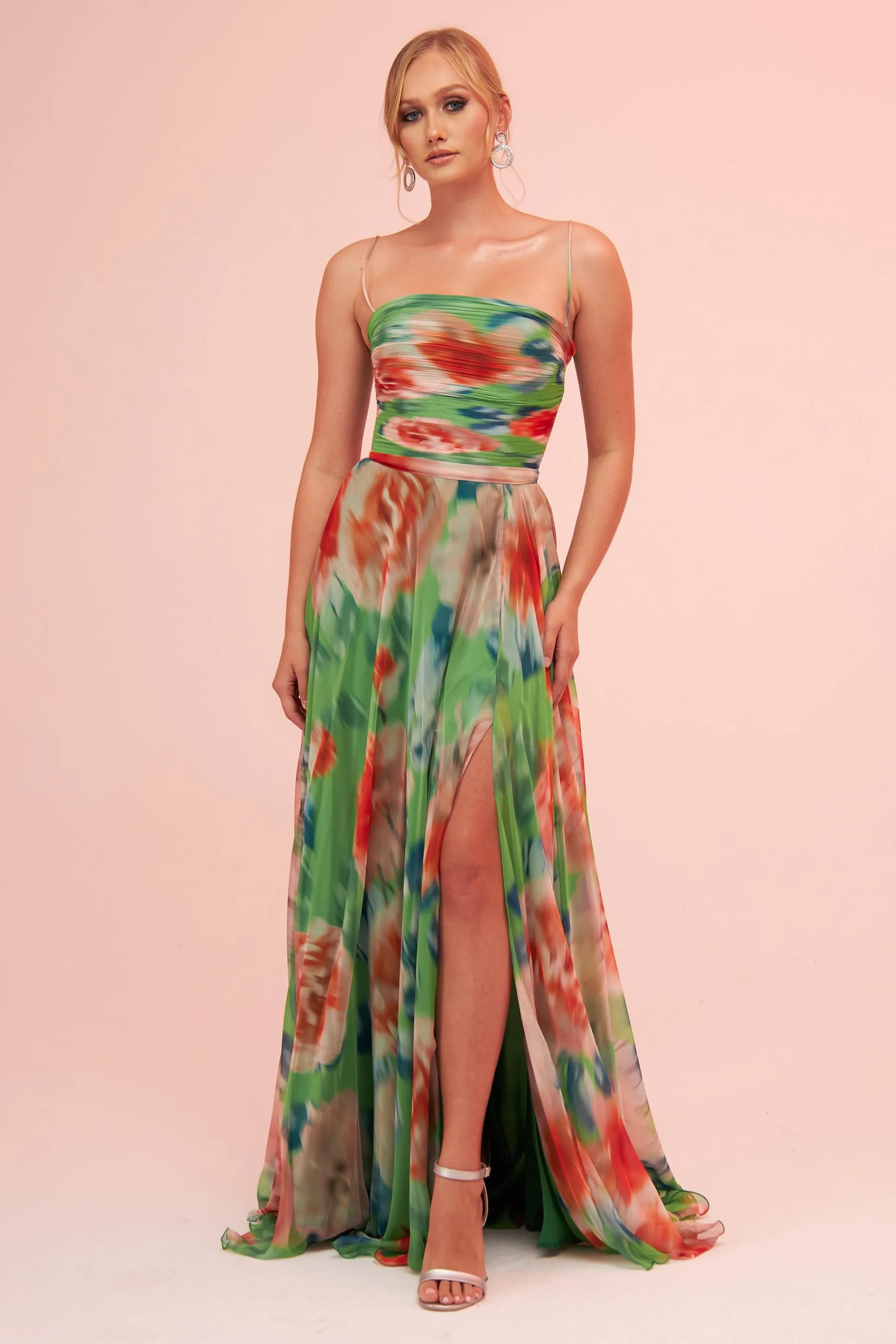 Angelino Green Strap Slit Printed Evening Dress