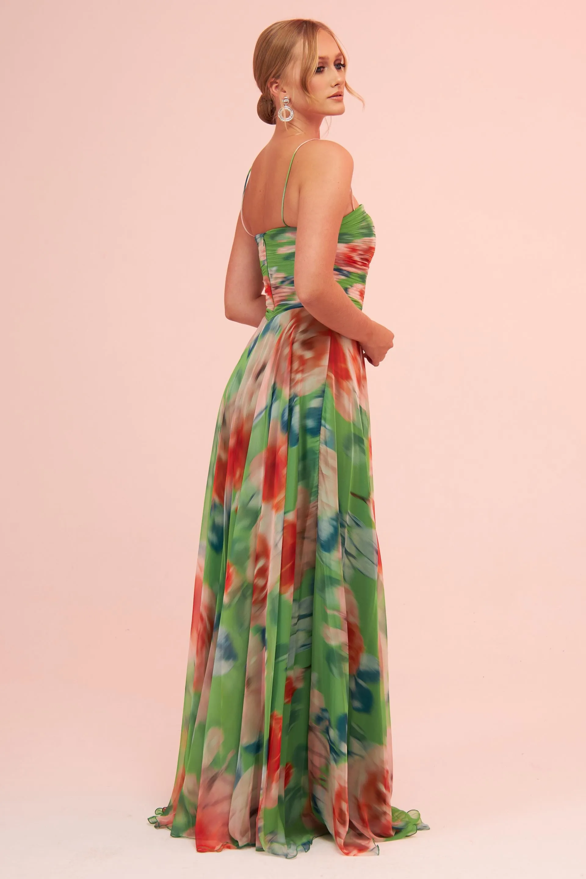 Angelino Green Strap Slit Printed Evening Dress