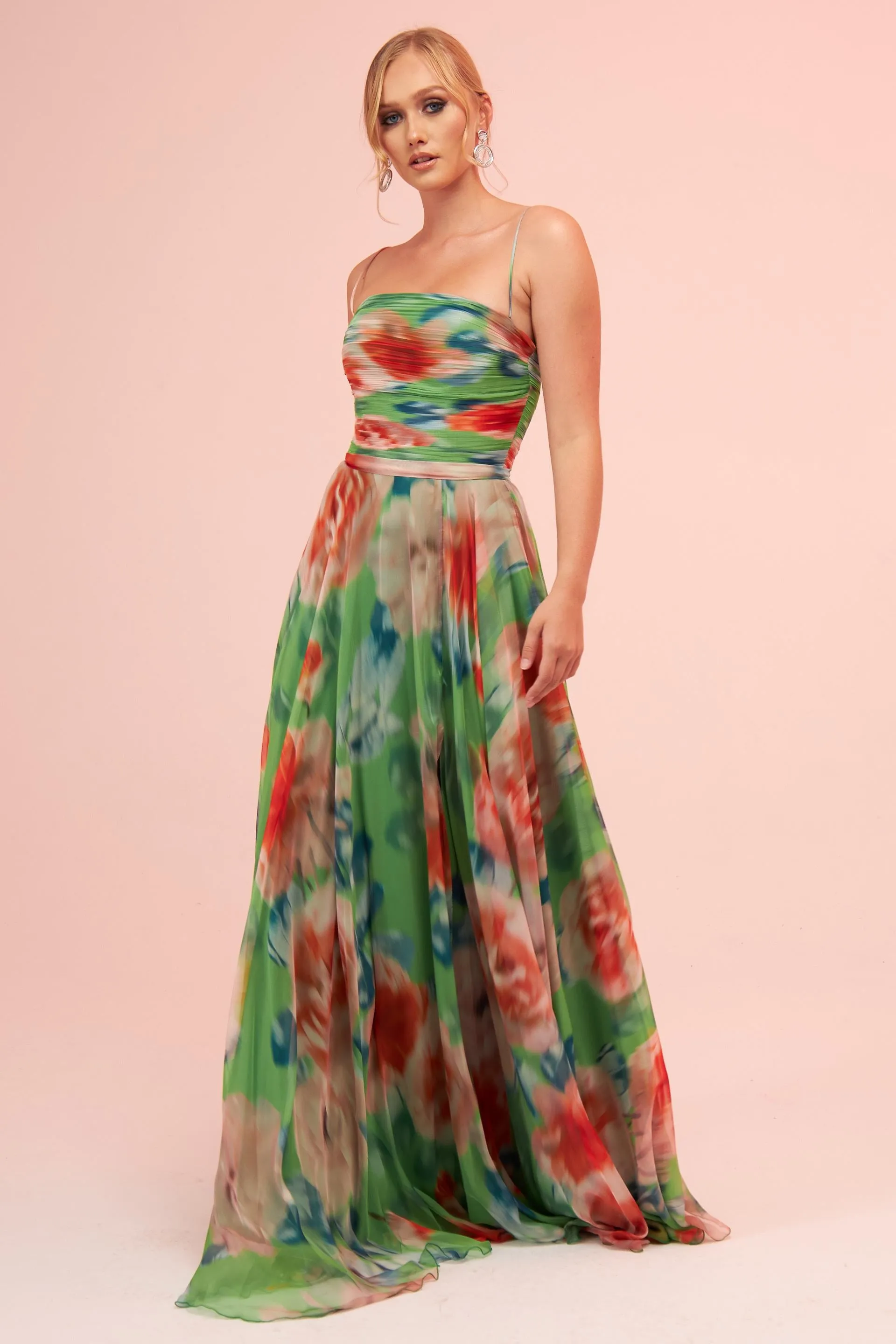 Angelino Green Strap Slit Printed Evening Dress