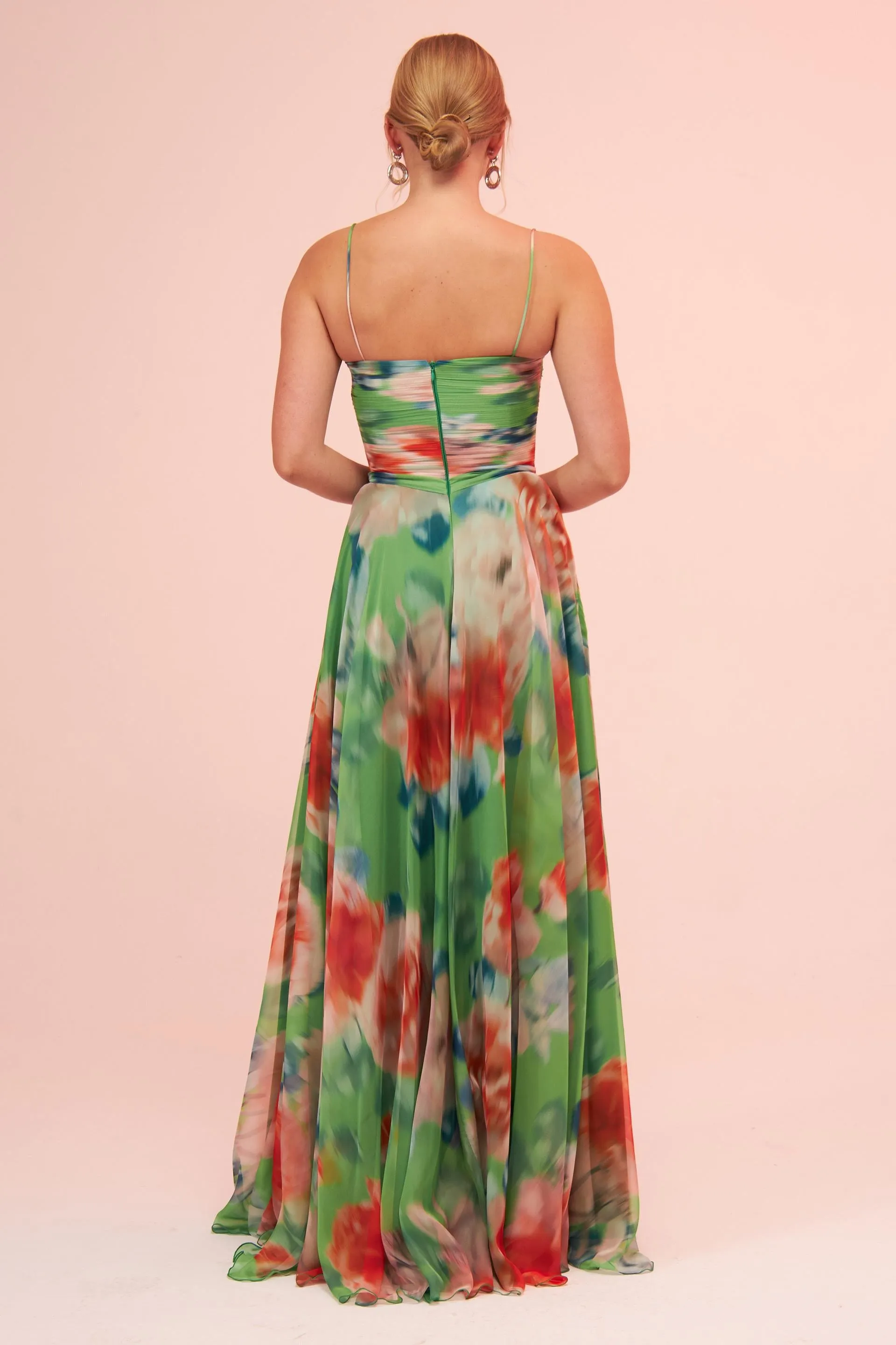 Angelino Green Strap Slit Printed Evening Dress