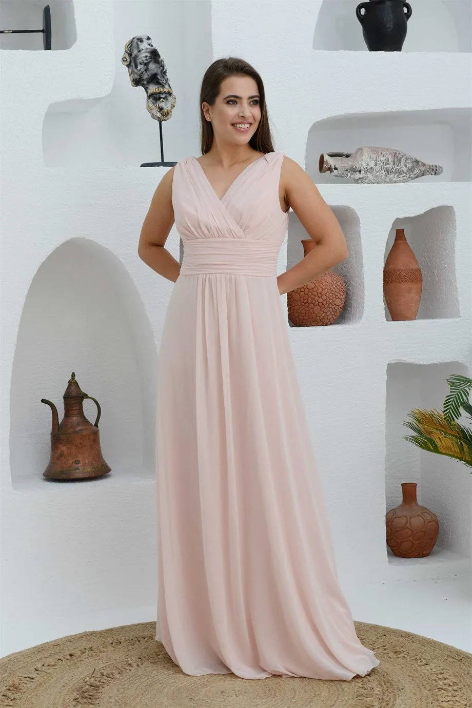 Angelino salmon chiffon v neck long evening dress dress