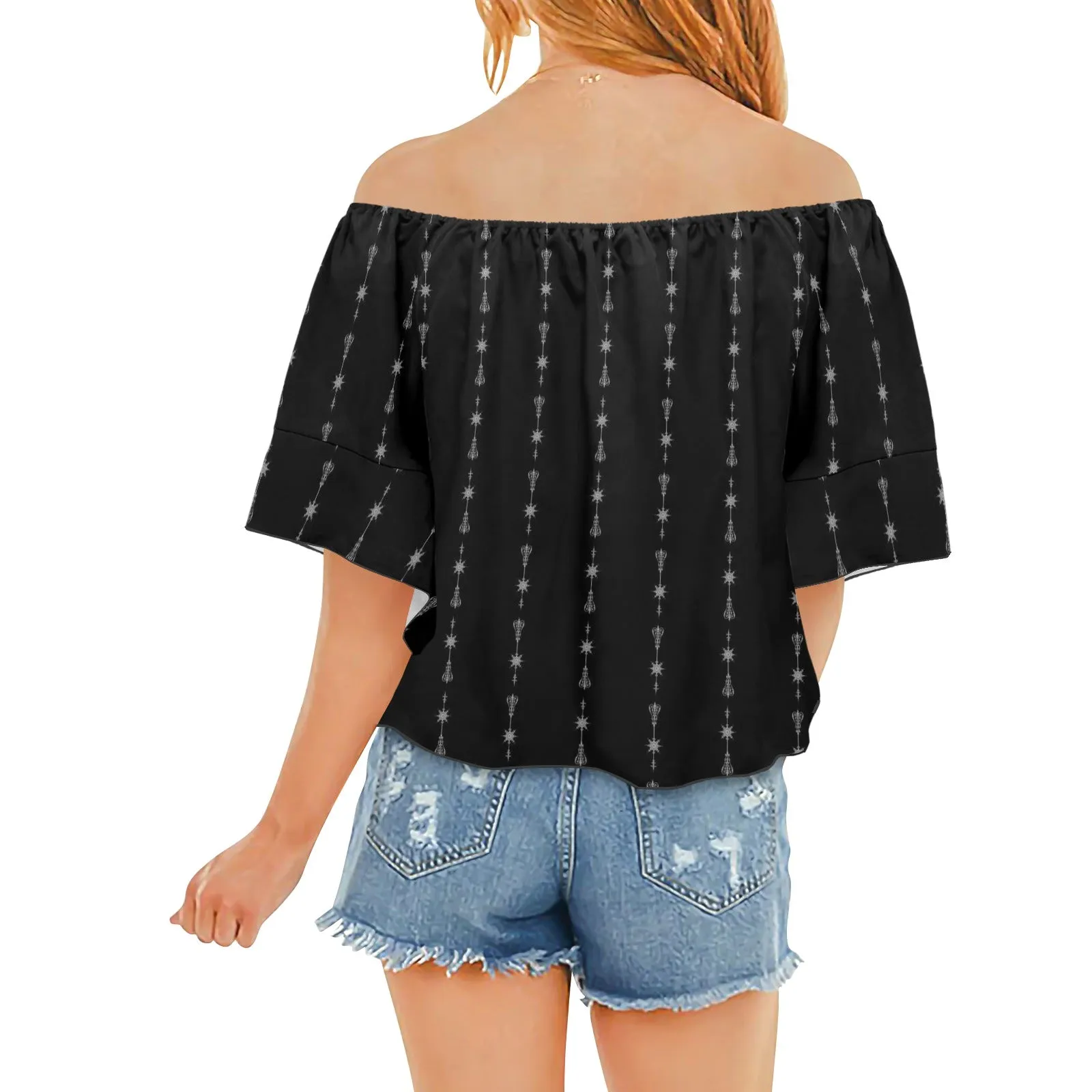 arrows rising bw print 2 Off Shoulder Knot Front Blouse (Model T71)