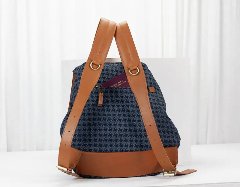 Artemis backpack - Blue jeans with houndstooth pattern and Brown leather