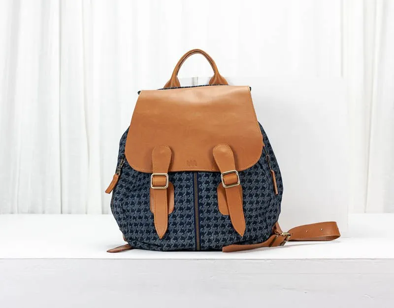 Artemis backpack - Blue jeans with houndstooth pattern and Brown leather