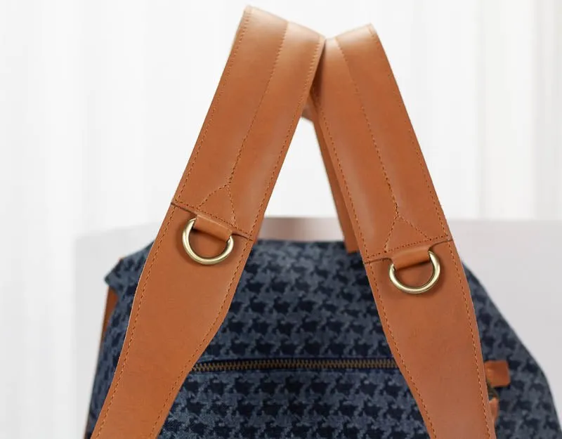 Artemis backpack - Blue jeans with houndstooth pattern and Brown leather