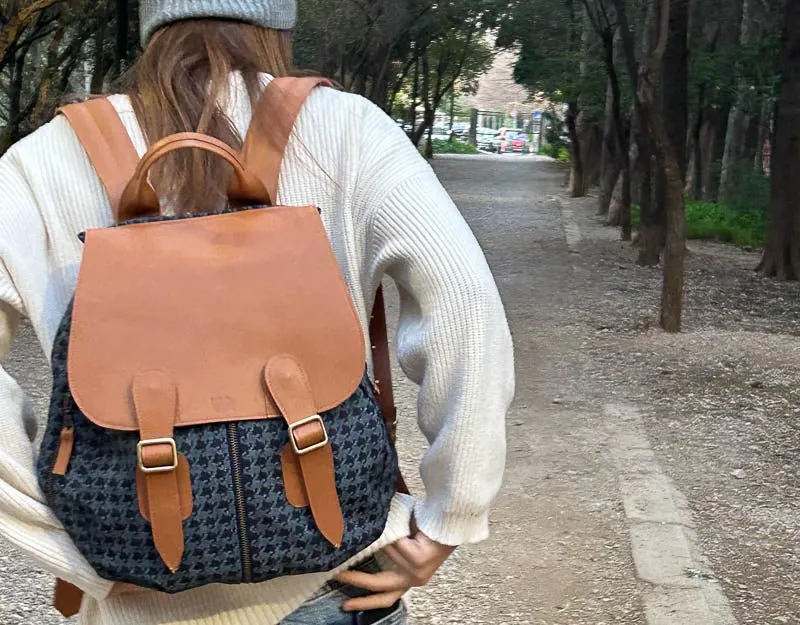 Artemis backpack - Blue jeans with houndstooth pattern and Brown leather