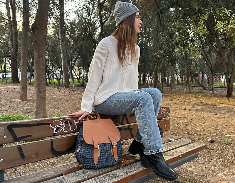 Artemis backpack - Blue jeans with houndstooth pattern and Brown leather