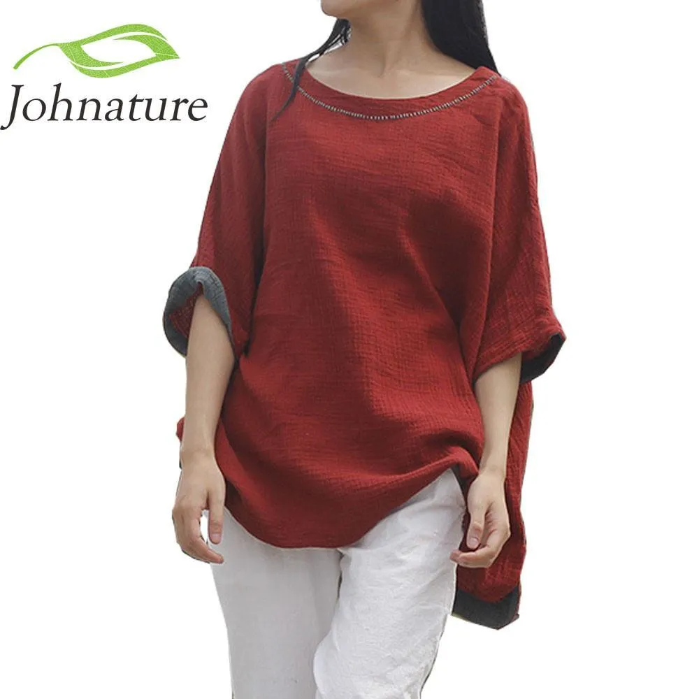 Bat Sleeve O-Neck Loose Solid Color T-Shirts & Tops Women Johnature 7420631