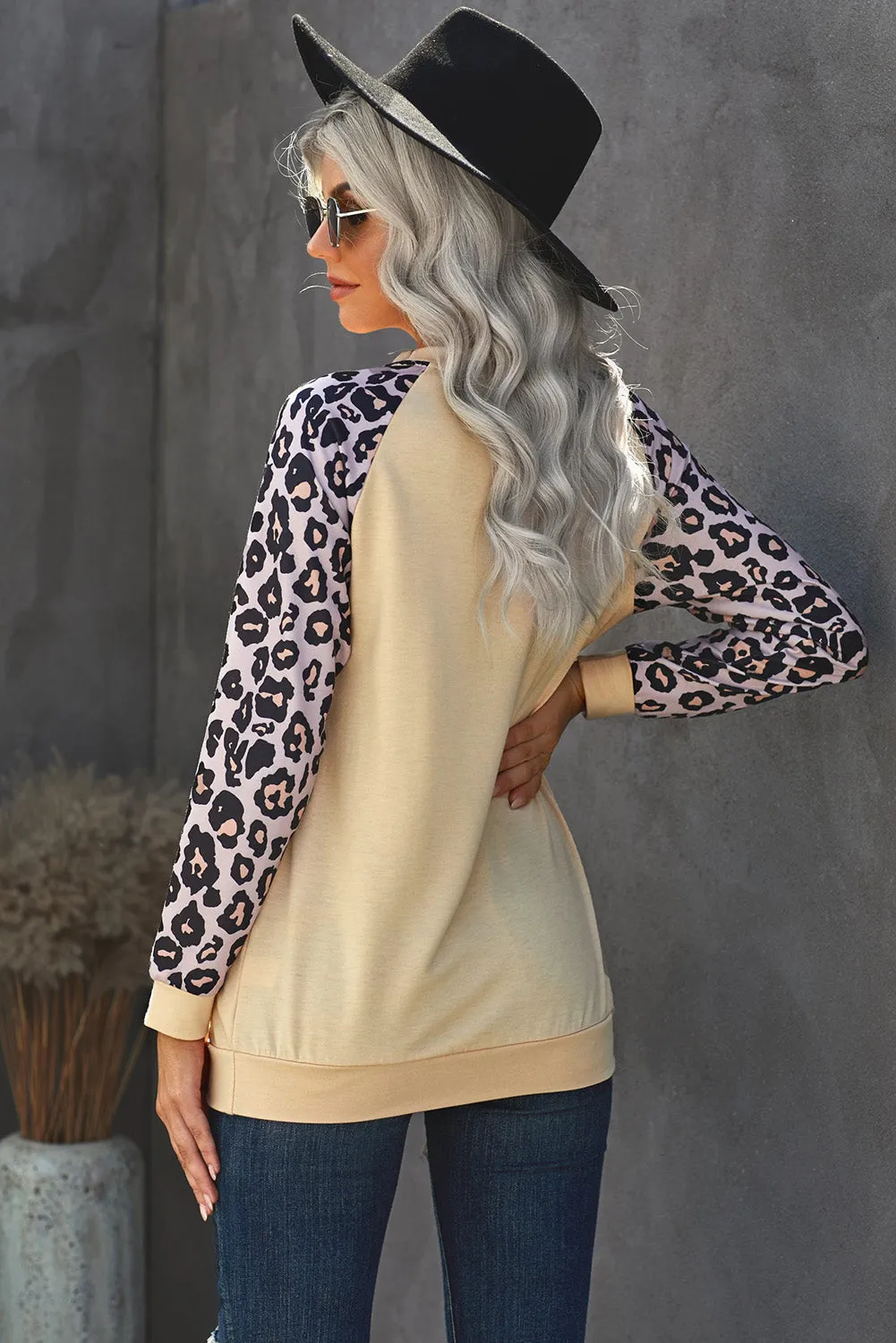 Beige Animal Print Pocketed Sweatshirt