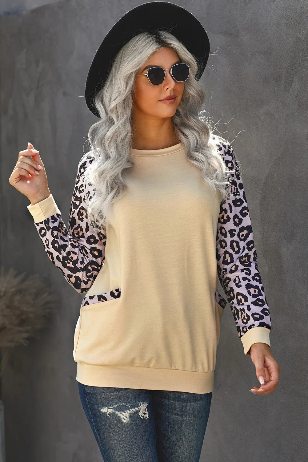 Beige Animal Print Pocketed Sweatshirt