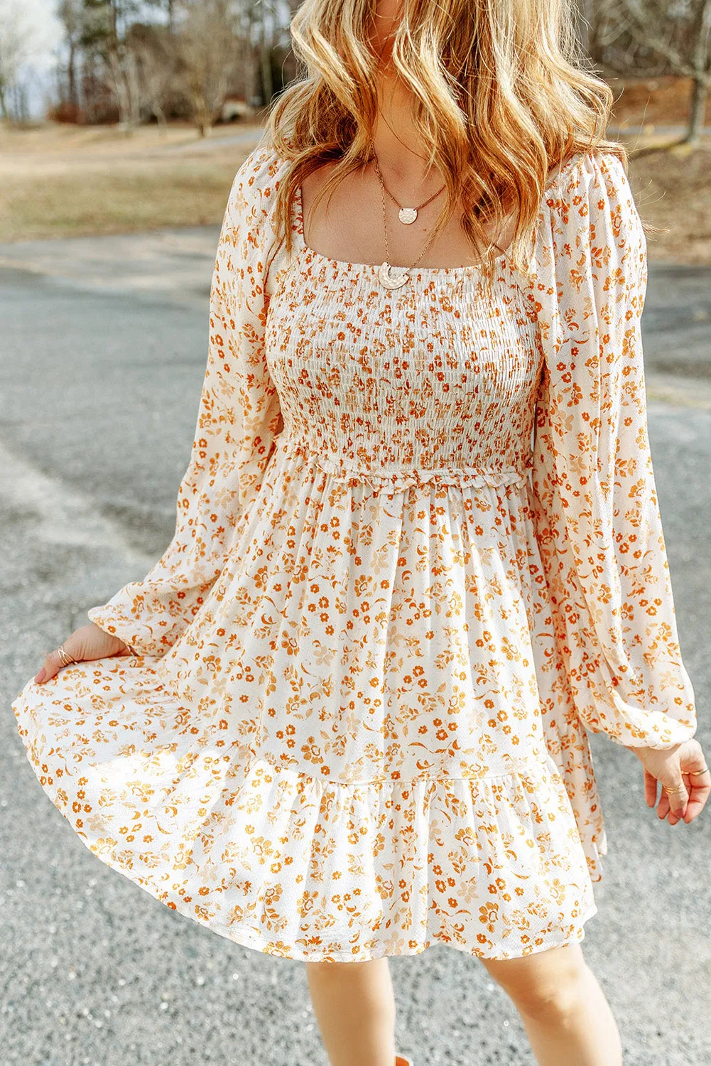 Beige Floral Boho Smocked Puff Mini Dress