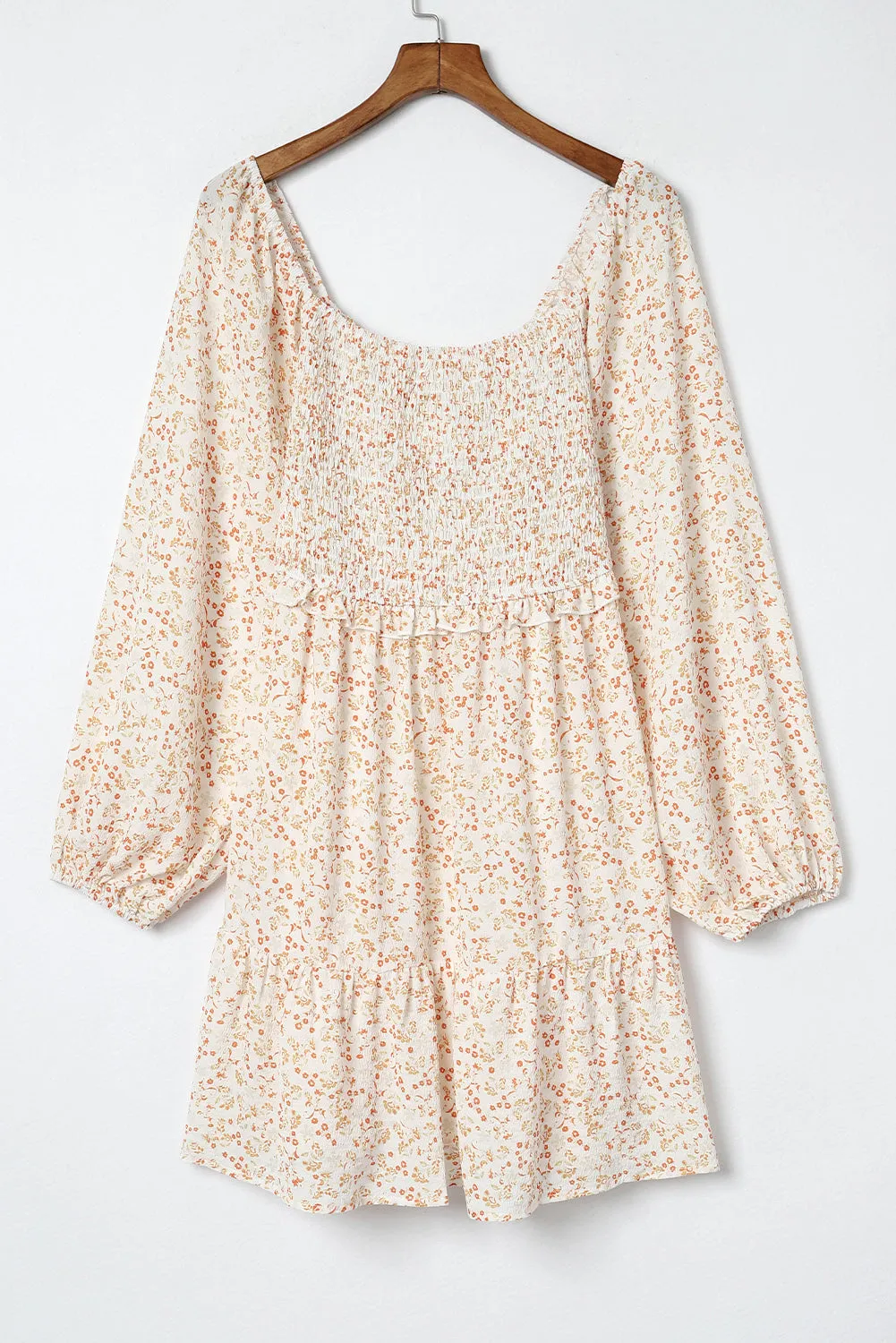 Beige Floral Boho Smocked Puff Mini Dress