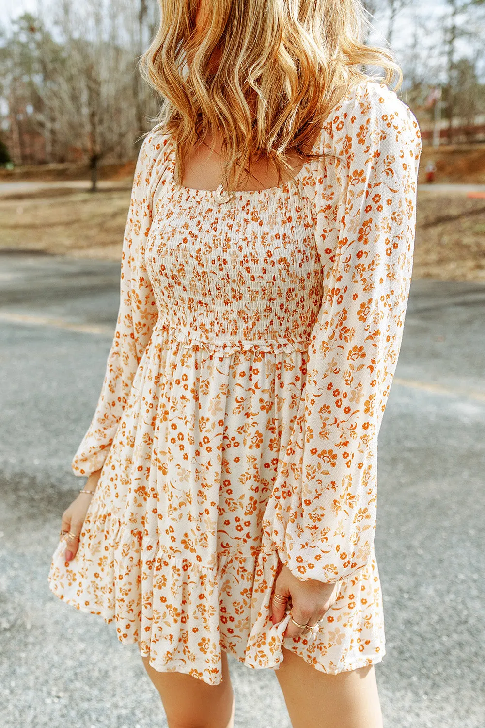 Beige Floral Boho Smocked Puff Mini Dress