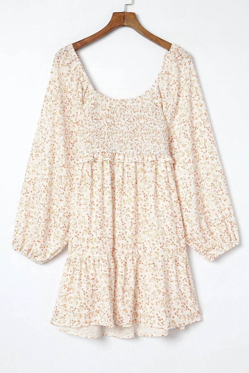 Beige Floral Boho Smocked Puff Mini Dress