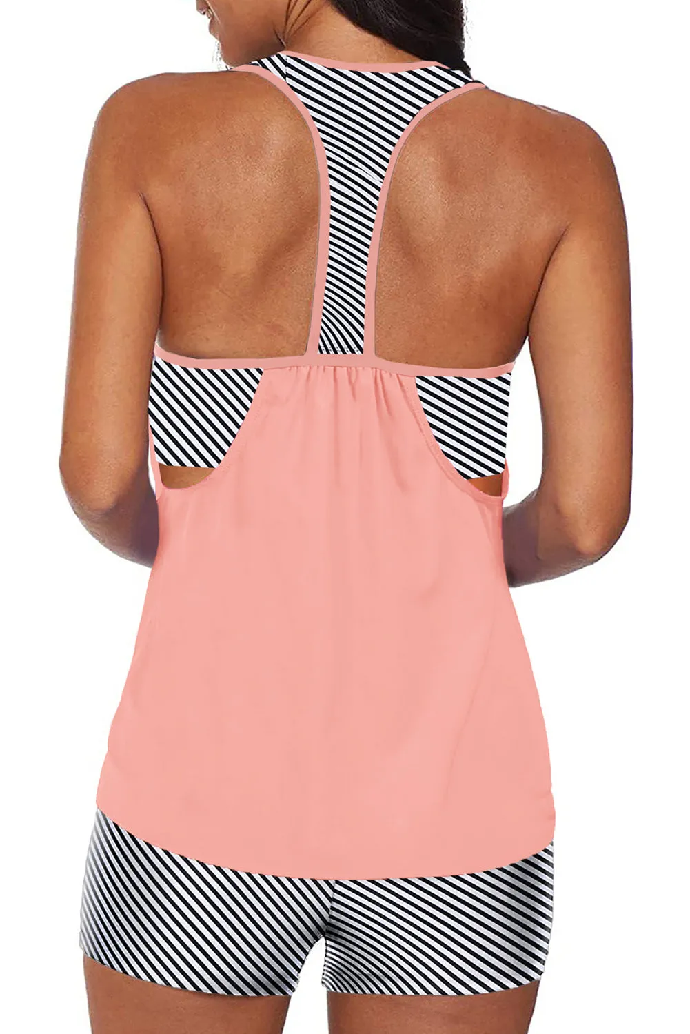 Beige Striped Print T-back Tankini Set