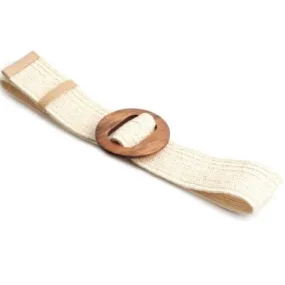 Belt020 Woven Belt Circle Wood Buckle Cream