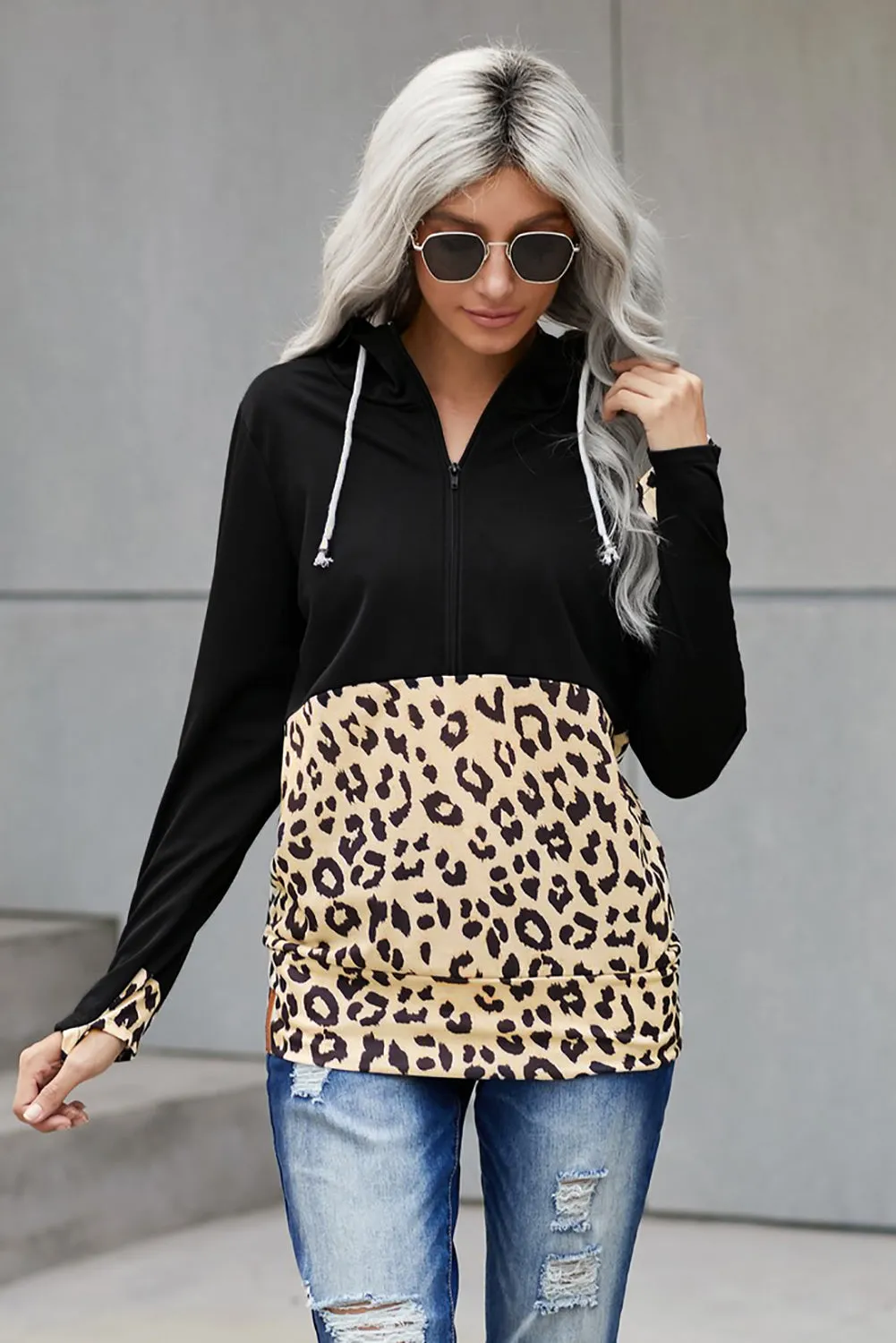 Black Animal Print Half Zip Hoodie