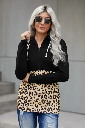 Black Animal Print Half Zip Hoodie