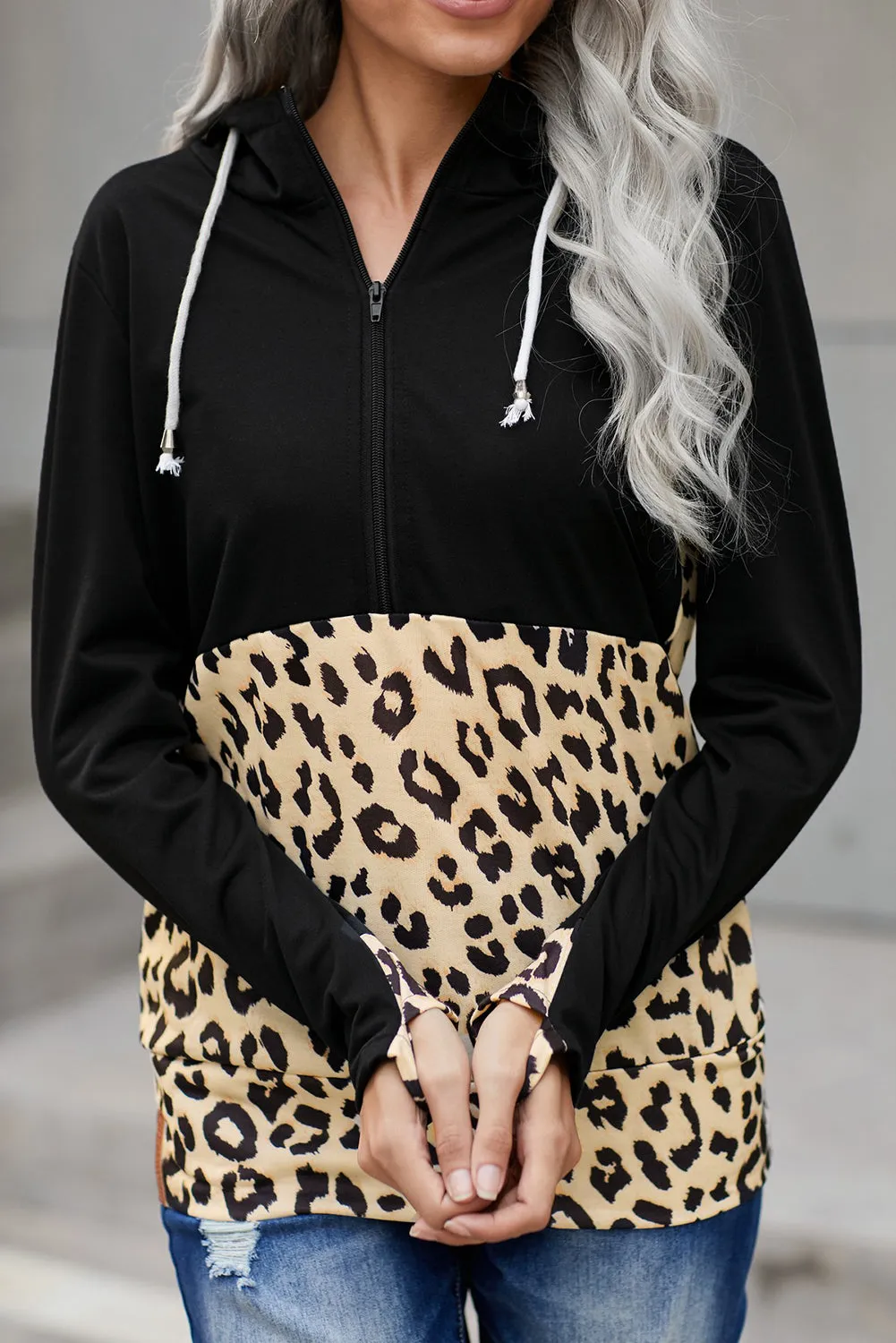 Black Animal Print Half Zip Hoodie