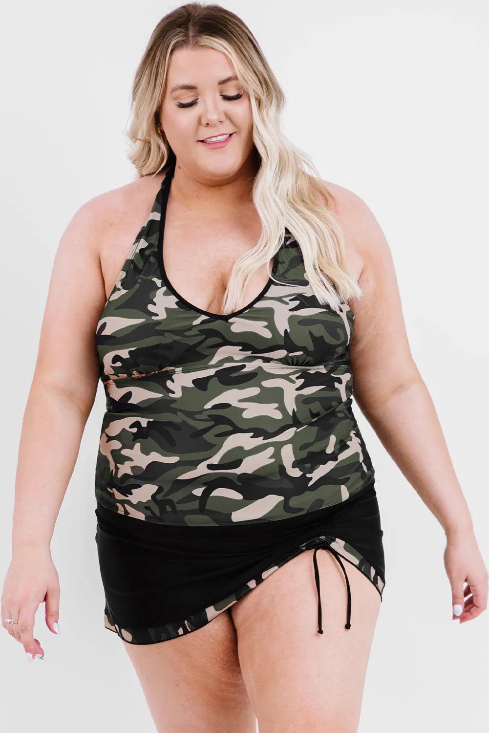 Black Camouflage Backless Plus Size Tankini Set