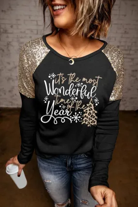 Black Christmas Graphic Sequin Long Sleeve Top