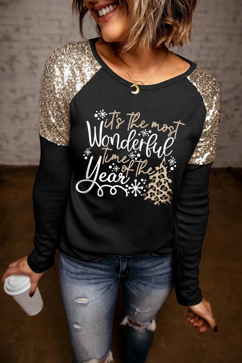 Black Christmas Graphic Sequin Long Sleeve Top