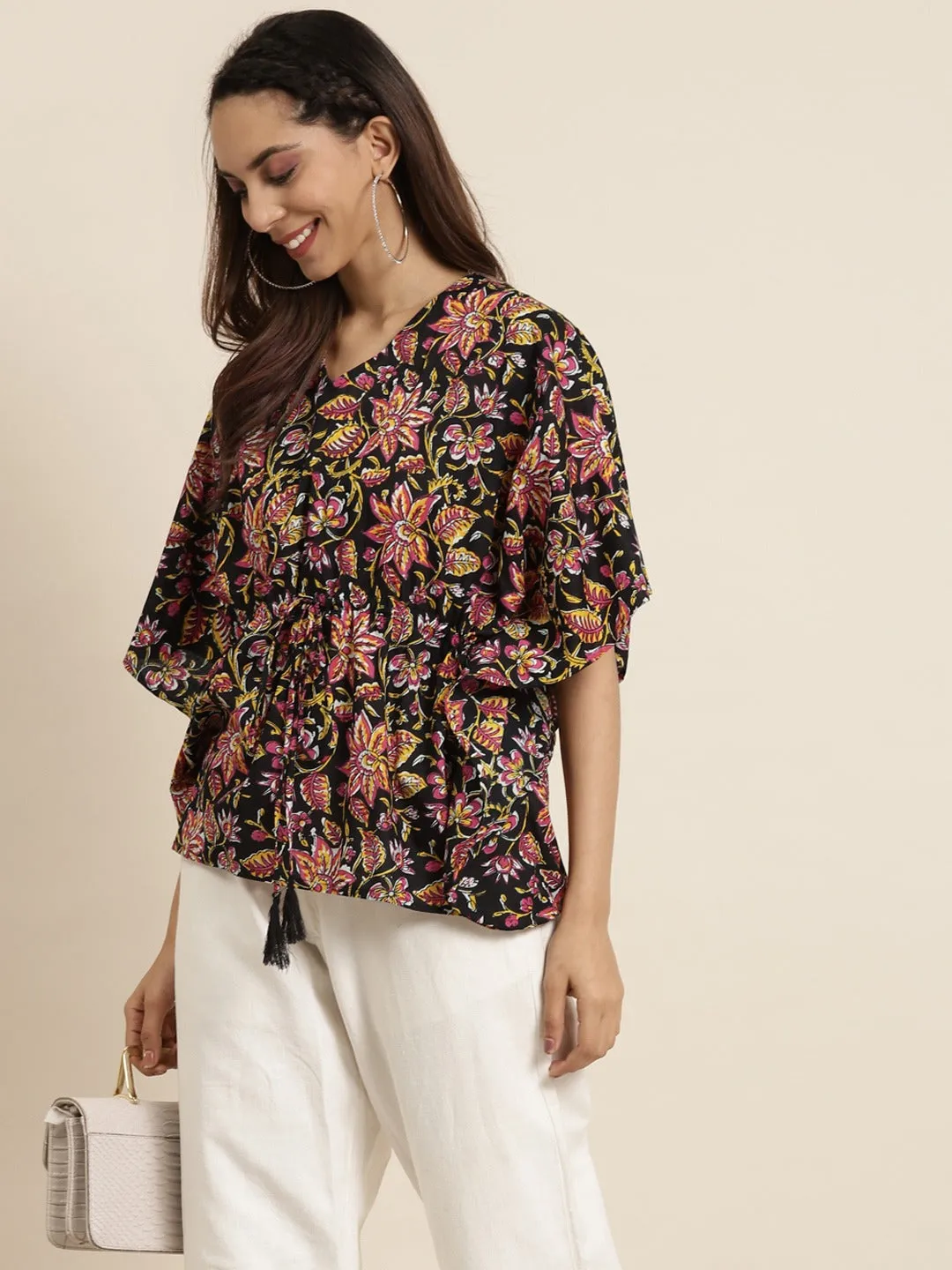 Black Floral Short Kaftan Top