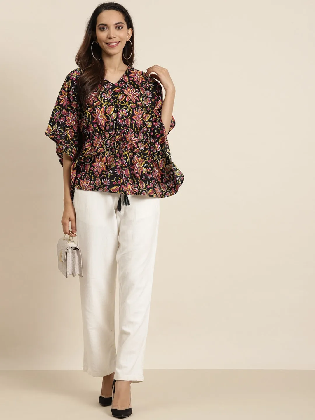 Black Floral Short Kaftan Top