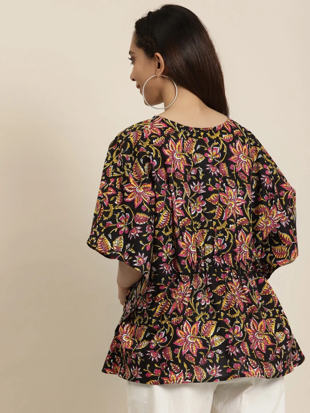 Black Floral Short Kaftan Top