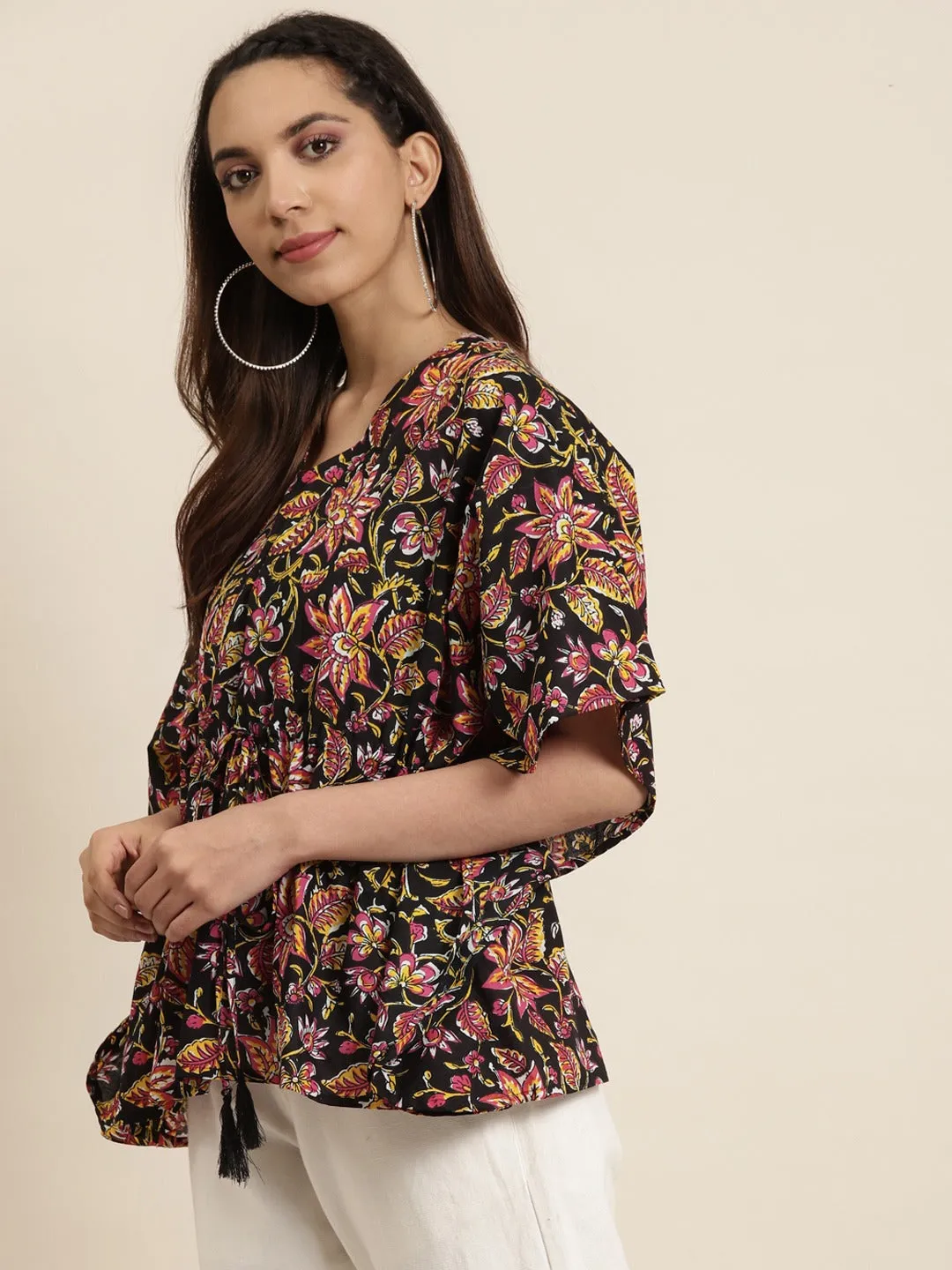 Black Floral Short Kaftan Top