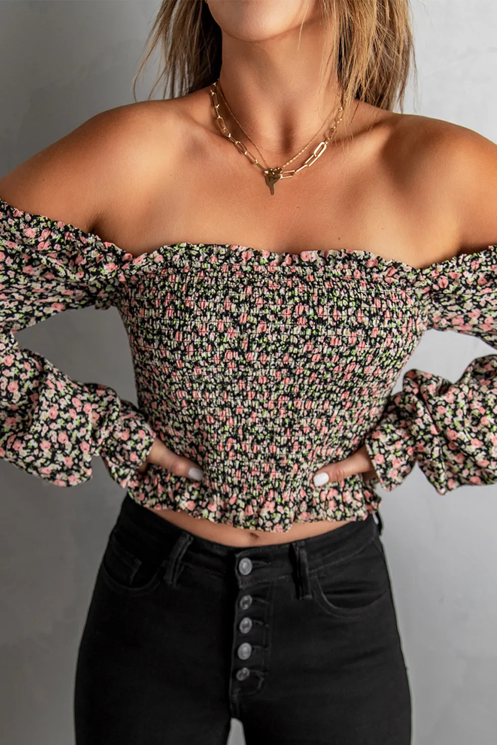 Black Floral Smocked Off Shoulder Crop Top