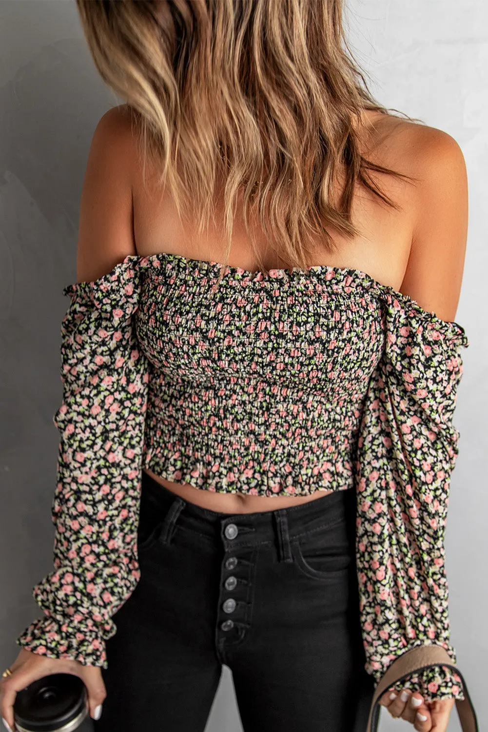 Black Floral Smocked Off Shoulder Crop Top