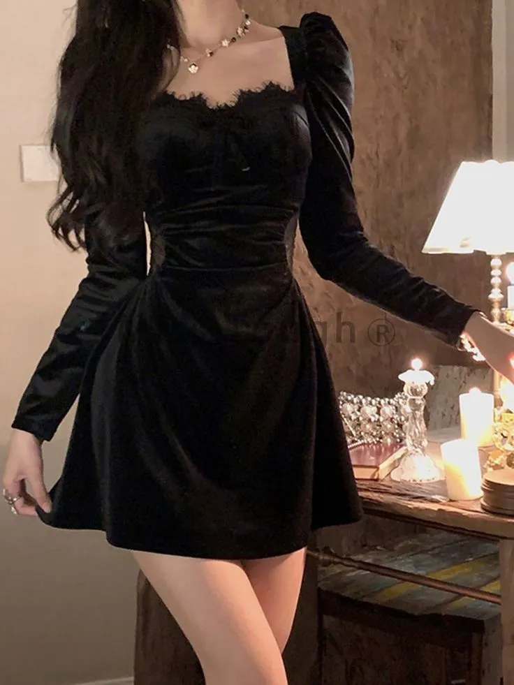 Black French Vintage Velvet Dress Women Elegant Evening Party Mini Dress SH1221