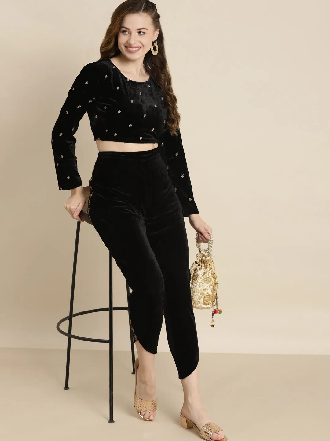 Black Full Sleeve Embroidered Velvet Crop Top