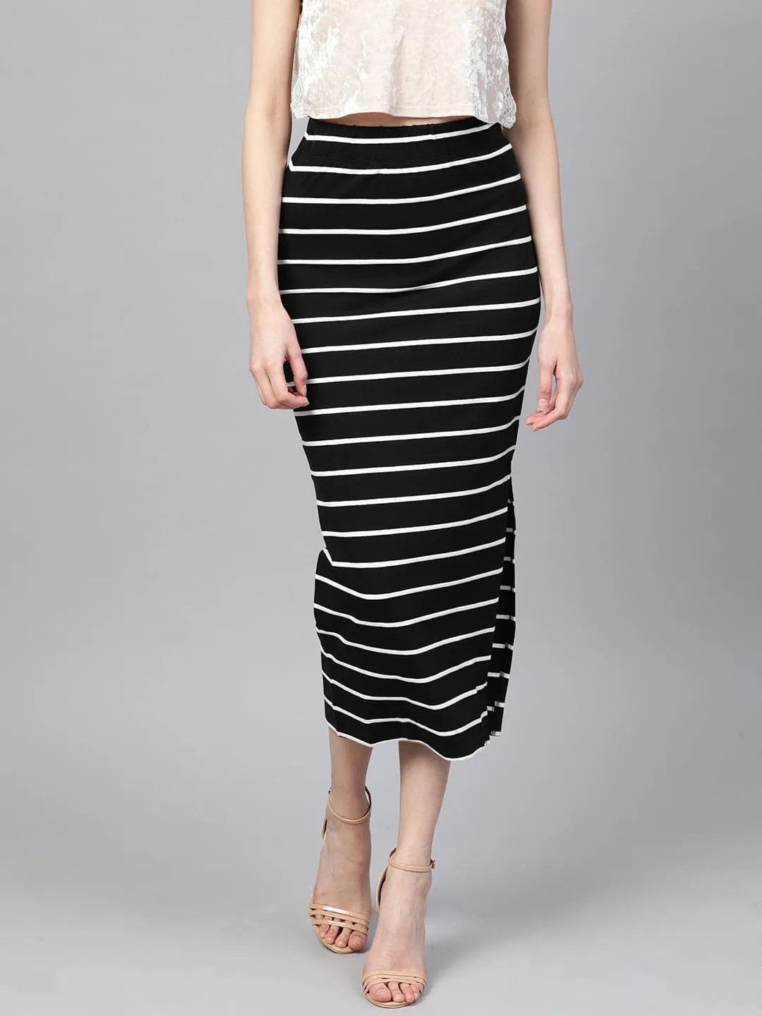 Black White Stripe Maxi Pencil Skirt